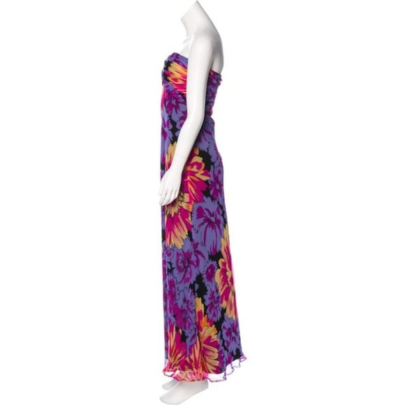 David Meister Multi Colored Print Silk With A Ruched Strapless Top Maxi Dress - Picture 5 of 12